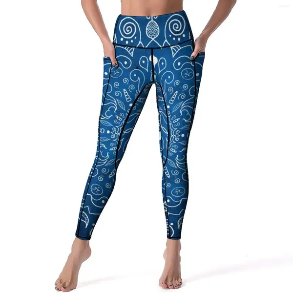 Aktif pantolon mavi mandala tozlukları retro bohemia baskı spor salonu yoga push up vintage spor taytları cepli elastik grafik legging