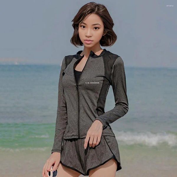 Damenbadebekleidung Frühling Badeanzug Unisex Langarm-Set mit Reißverschluss-Verschluss-Top-Taille-Shorts zum Surfen zum Schnelltrocknen
