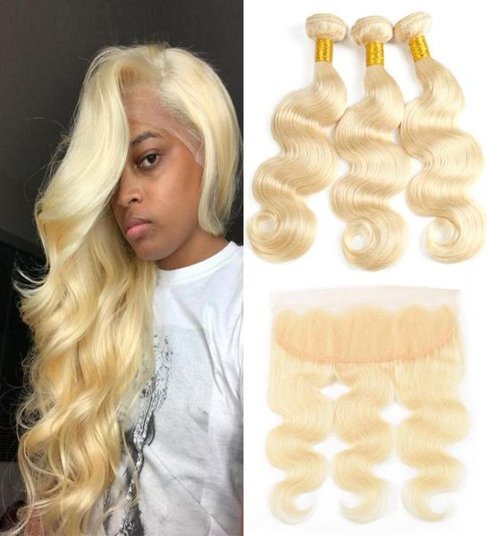 Cabelos lisos de Remy Brasileiros 3 Pacotes com Lace Frontal 613 onda de cabelos loiros não -processados