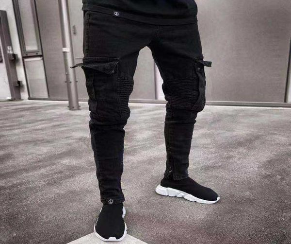 Männer Skinny Jeans Multipocket Slim Bleistifthosen 2021 Schwarze neue männliche Overalls Street HipHop Moto Bike Kleidungsjeans X06216777076