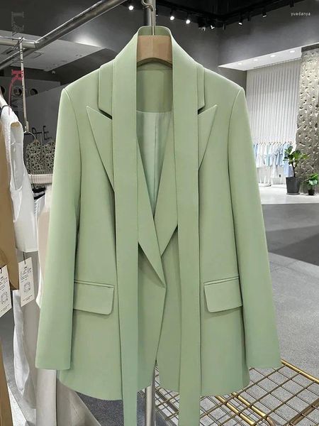 Ternos femininos Lanmrem Beliscos de cinto verde para mulheres entalhadas com colarinho longo Pocket Pocket Chic Style Fashion Coat 2024 2DA5207