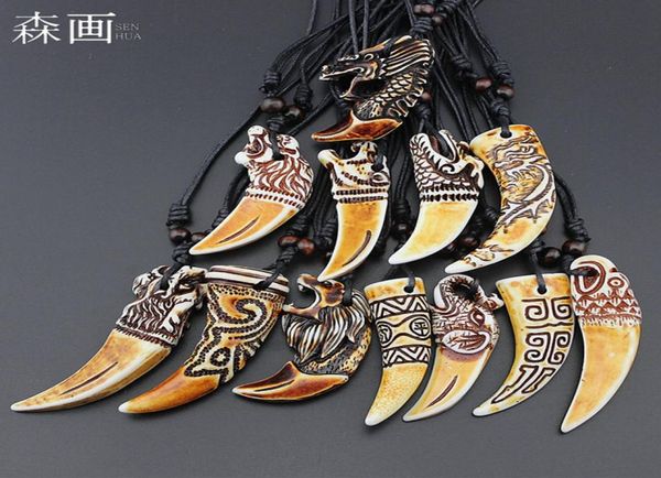 Schmuck Ganz gemischt 12 Stück Faux Yak Knochenschnitzdrache Totem Tigerelefantwolf Zähne Anhänger Halskette Tierzahn Amulett GI7111830