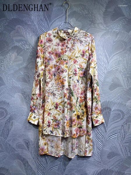 Женские блузки Dldenghan Summer Vintage Flower Print Cotton String Stand Complar с длинным рукавом одиночный модный дизайнер