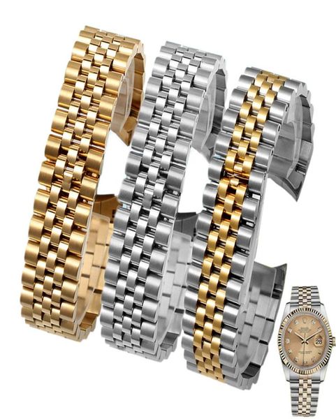 WatchBand 13mm 17mm 20mm de alta qualidade Banda de relógio de ouro prateado Polimento de aço inoxidável + pulseiras de extremidade curvas escovadas para DateJust4107004