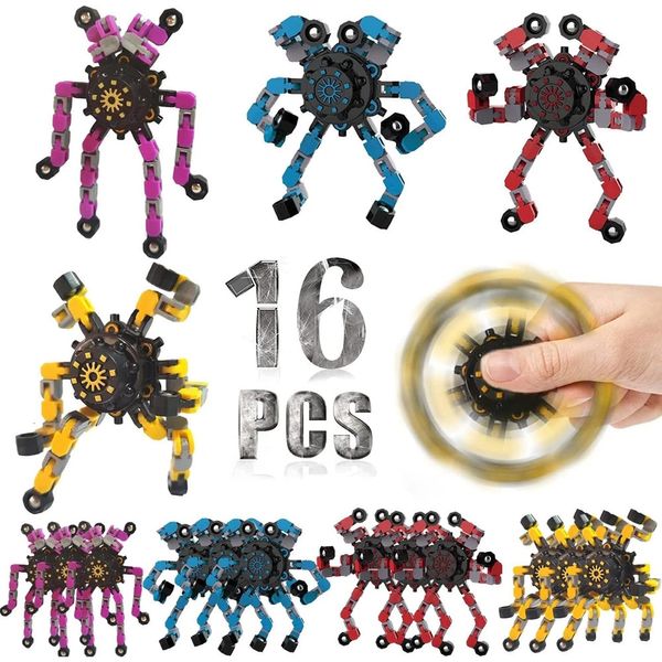 12/16pcs lustige sensorische Zappelspielzeuge deformierbare Ketten -Roboter -Spinner Fingerspannungsabbau Gyro Toy Party Gefälligkeiten für Kinder Erwachsene 240328