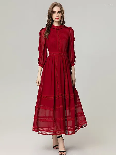 Повседневные платья подиумные дамы весна лето высококачественное модное вечеринка Hollow Out вино красное плиссированное пирог.