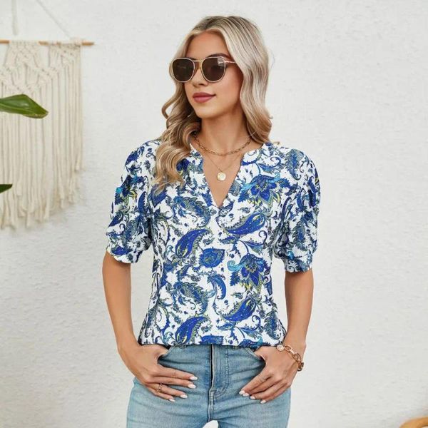 Frauenblusen Frauen T-Shirt Stylish V-Ausschnitt Casual Shirt mit grafischem Druck locker Fit Tunic Top für Urlaubsparty Kurzarm