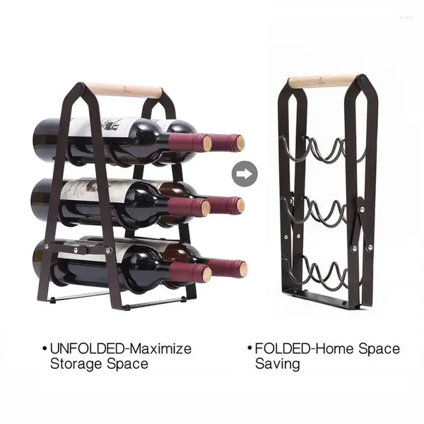Armazenamento de cozinha Rack de vinhos de metal bancada de bancada de ferro dobrável madeira durável hold hold 6 garrafas para armário de despensa