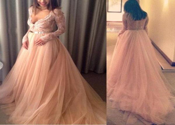 Arábia Saudita Uma linha de manga longa Vestido de pescoço profundo Vestido de formatura Prom Vestido de noite para meninas para grávida1159650