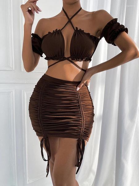 Lässige Kleider Rückenfreier Halfter Mini Kleid Frauen Schnüre aus Schnitt aus dem Bodycon-Rock zweiteiliger sexy Kurzparty Nachtclub-Outfits