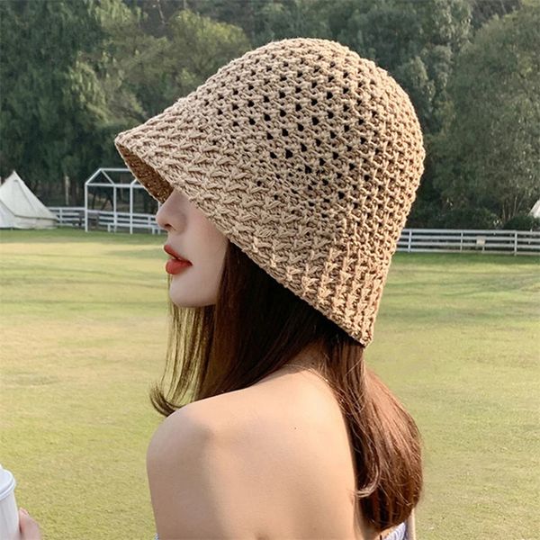 Damen koreanische Mode gestrickte Topfhut Sommer Dünne Sektion Sonnenschutz Sonnenschutzmittel Hut Mesh atmungsaktivem Fischer Hut Strohhut 240412