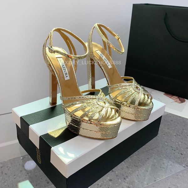 Aquazzura Gold Metallic Feeling Plattform Sandalen 140mm Frauen High Heeled Sandalen Chunky Block Heels Knöchel-Gurt-Kleiderschuhe Designer Pumpen Abendschuhe Größe 35-42