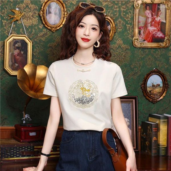 Camiseta feminina de camiseta chinesa feminino feminino casual bordado o-pescoço 2024 camisetas de mangas curtas de verão de verão