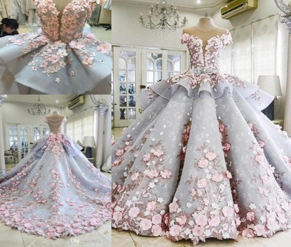 Michael Cinco Superb Ballown Gown Gown Gowns Fiori fatti a mano 3D Floral Applique Floral Princess in pizzo abiti da sposa Tiered4590064