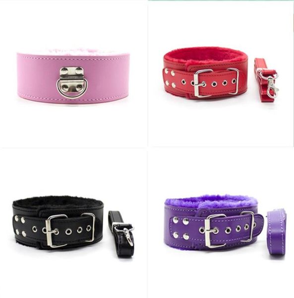 Black Pink Red Fur Leather Slave Collars Ring de pescoço com cadeia longa jogos adultos brinquedos produtos sexuais