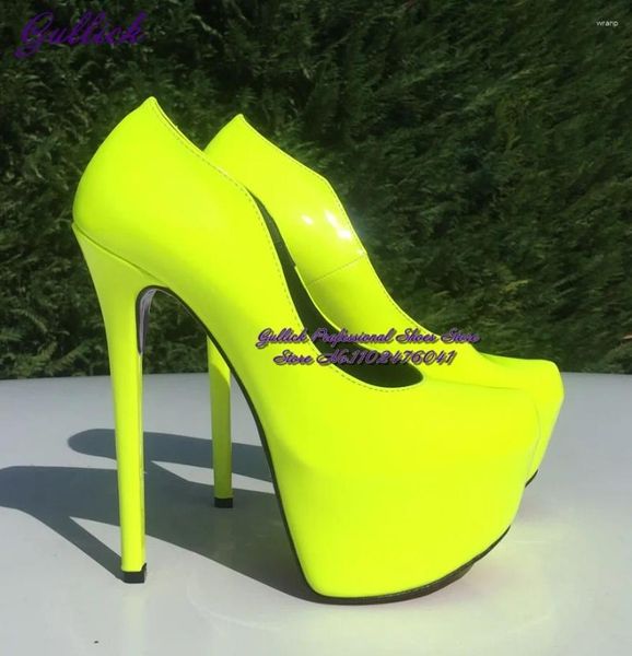 Elbise ayakkabıları gullick kadın neon sarı patentl deri gökyüzü yüksek topuk içinde platform slip-on pompalar stiletto parti boyutu 46