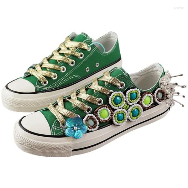 Freizeitschuhe Europa Station Frühling/Sommer Schwerindustrie Leinwand Grüne Frauen Strass-Sneaker-Sneaker handgefertigt