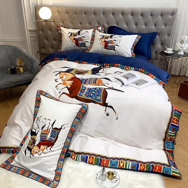 Bedding Sets Luxury 100s Satin Egyptian Cotton War Horse Digital Printing Conjunto de impressão digital de tampa de brechas de linho de linho de lençóis