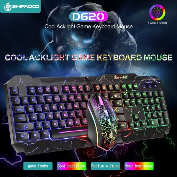 Teclado com mouse combos d620 caráter crack luminoso teclado e traje com fio de mouse Coma jogo de frango home h240412