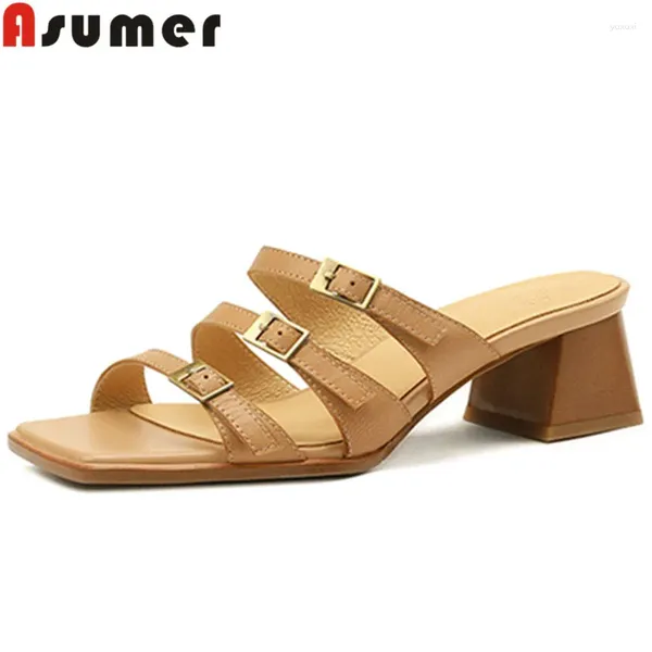 Hausschuhe Asumer 2024 Retro echte Leder Frauen Square Med Heels einfache Damen Sommerkleidschuhe