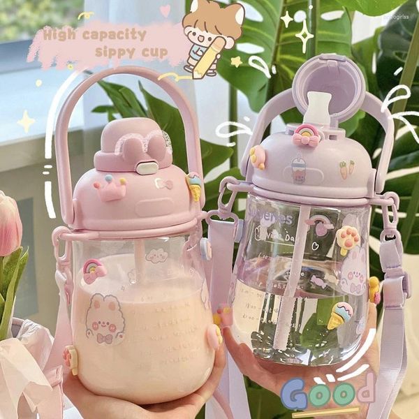 Canecas 2024 Ins kawaii Student Bottle Portable Girl Girl Straw Cup 1000ml Rosa leite café a vácuo Belly Gifts Stickers DIY