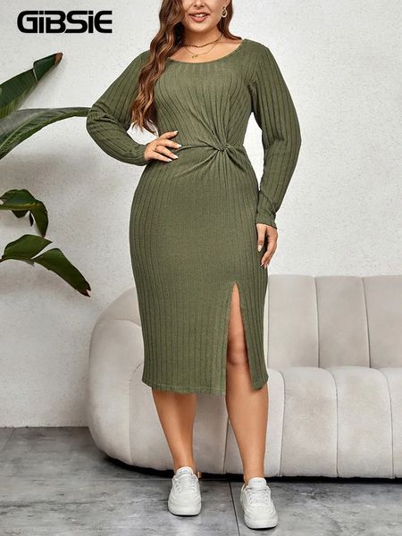 Gibsie plus size size womens outono torção frontal tricô vestido bodycon women women casual sólido o-gola longa manga longa vestidos 240407