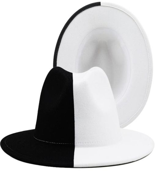 Black White Patchwork Wool Felt Jazz Fedora Mulheres unissex ampla Brim Panamá Party Trilby Cowboy Cap Men Hat de casamento 2207187736866