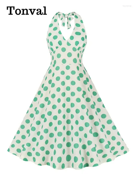 Vestidos casuais tonval v pescoço halter backless 40s 50s vintage sexy para mulheres na cintura alta baile de festa de polka dot vestido de verão