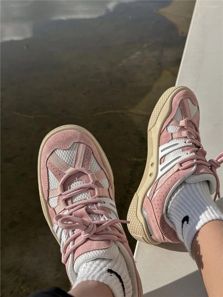 Scarpe casual est rosa design coreano rotondo allaccia in vera sneaker da donna sportiva in pelle vera e propria