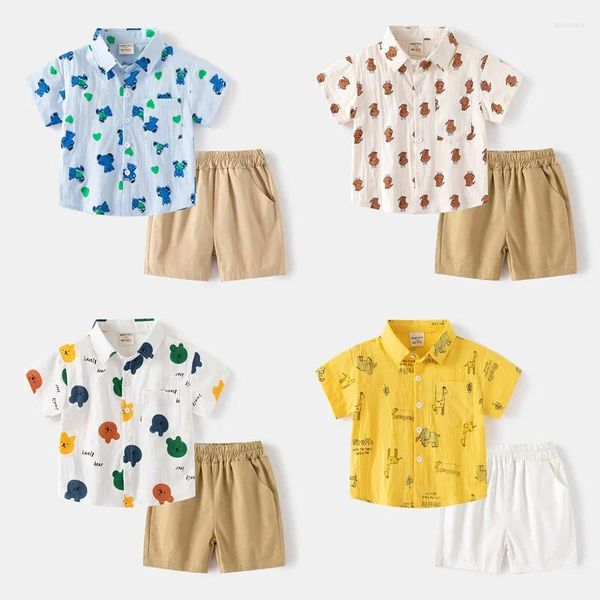 Set di abbigliamento 2024 Summer Children Boy 2Pcs Set di abbigliamento da cartone animato Polia a maniche corte Shone Solid Bash Abito per bambini Outfit per bambini