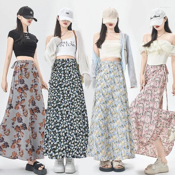 Signe Coigarsam Women Skirt Summer 2024 Flounced Chiffon Floral Stampa High Waist Blue Blue Blue Blue Blue