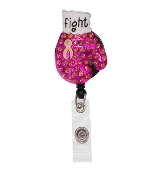 Em estoque, anéis de estoque 10pcslot cristal strass rosa câncer de mama conscientização de boxe luvas de emblema retrátil Relado de identificação 3410888