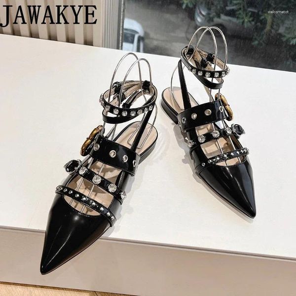 Sandálias decoração de metal fivela tira sapatos de marca feminina de dedão pontudas de salto laso plana slingbacks de couro preto brilhante punk feminino punk