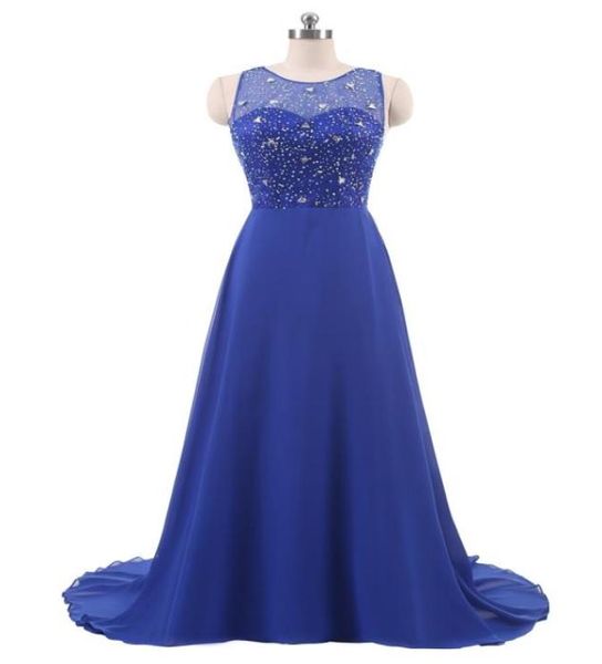 Vestidos de noite em azul royal plus size 2018 pescoço de pescoço de miçanga de trazer de baile de costas vestidos formais baratos de verdade em estoque3991313