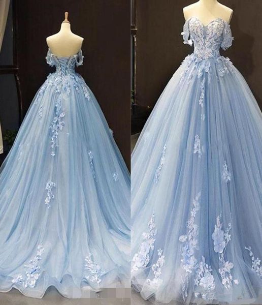 Sky Blue Quinceanera kleidet sich von der Schulterspitze Applika 2020 Zug Zug CENEMAGE CORSET BACK Sweet 16 Geburtstag Party Ball 3844956