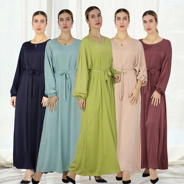 Ethnische Kleidung muslimische Frauen einfach Maxi Kleid Gürtelt Kaftan Abaya Dubai Türkei Robe Eid Mubarak Ramadan Jalabiya Islamischer Kleid Kaftan