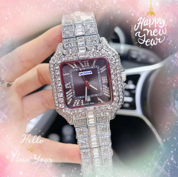 Berühmte Modemenschen Square Römisch -Tank Zifferblatt Uhren Auto DATE DATE DATUM HAUSE SHINY STARRY Clock Japan Quarz Bewegung Vollstahlstahl Band Diamonds Ring Armband Uhr