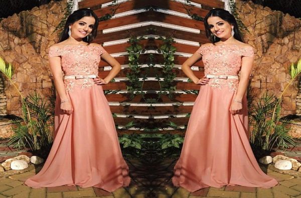 Peach uma linha de chiffon fora dos ombros vestidos de baile de renda com miçangas longas vestidos de noite de trem com faixas baratas festas formais wear4758201