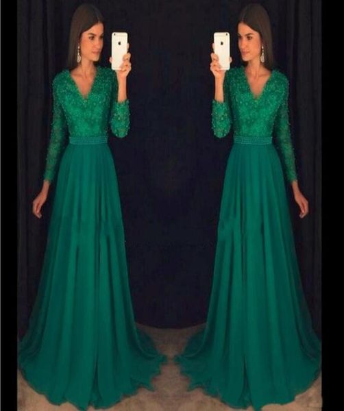 Vestidos de noite de chiffon verde de esmeralda vintage com manga longa sexy v vestido de baile de pescoço de miçangas vestido de festa formal vestido 8290132