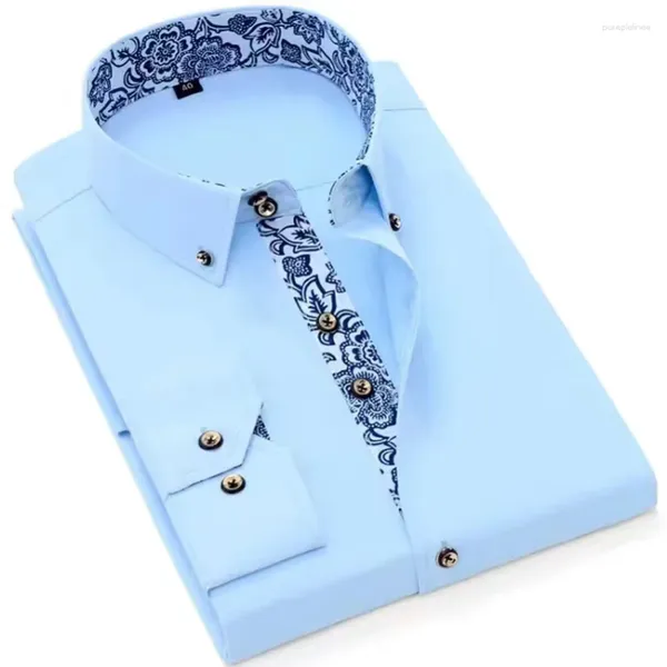 Camicie casual maschile da uomo Shirt da colletto in porcellana Blue e bianco camicia da uomo manica lunga coreana Slimt Office Business Office Solido colore blu navy blu blu navy