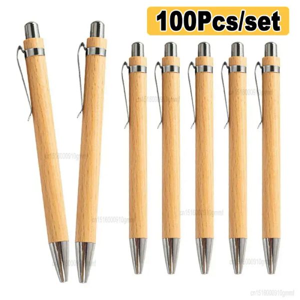 Canetas 100pcs Definir caneta esferográfica de madeira de bambu de 1,0 mm de tinta azul escrea escriving escrita de papelaria clipe de bola de clipe de bola