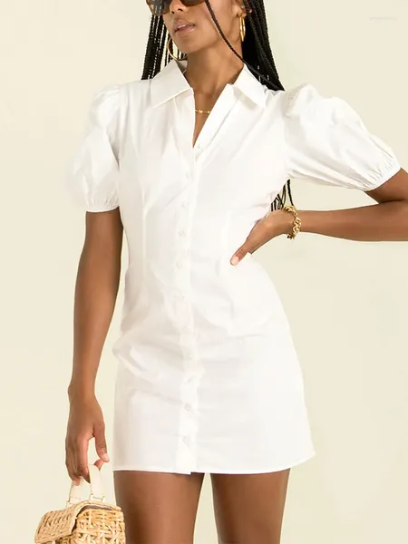 Partykleider Sommer Frauen Revers Short Puff Sleeve Button Up Baumwoll weiße Hemd Kleid Streetwear Back Taille ausschneiden Bodycon Mini