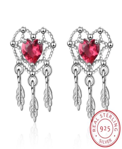 Stud Sweet Red Love Heart 925 Sterling Silber Dream Catcher Ohrringe für Frauen Weihnachtsgeschenk SE670STUD7095352