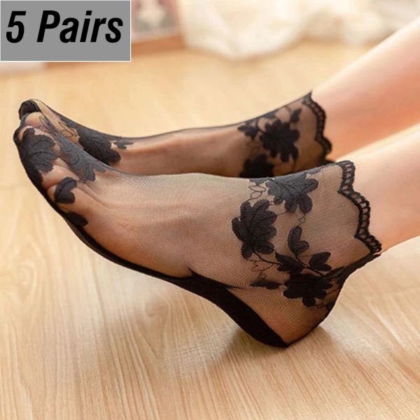 Socken 5pairs lolita Frauen unsichtbare Spitzensocken Ladies Lace Boat Socken hohl nicht überrutscht flache transparente Socken Frauen