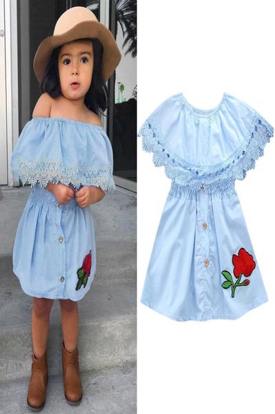 Bebek bebek yaz elbisesi çocuk kız yürümeye başlayan çocuk prenses dantel denim offshoudler pamuk parti kıyafetleri kıyafetler 15 yaşındaki 20187966294