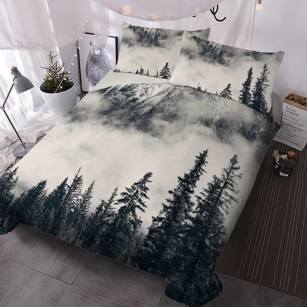 Set di biancheria da letto di mountain e alberi Cover del piumone decorativo con 2 cuscini 240329