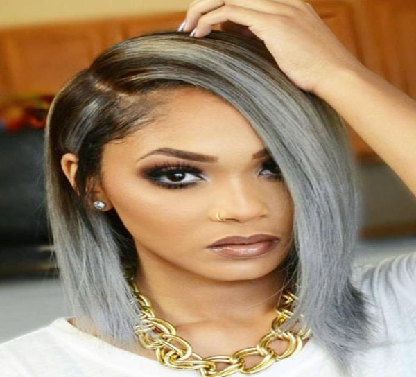 Perucas sintéticas para mulheres negras Bob Wigs Grey Wig Roots escuro