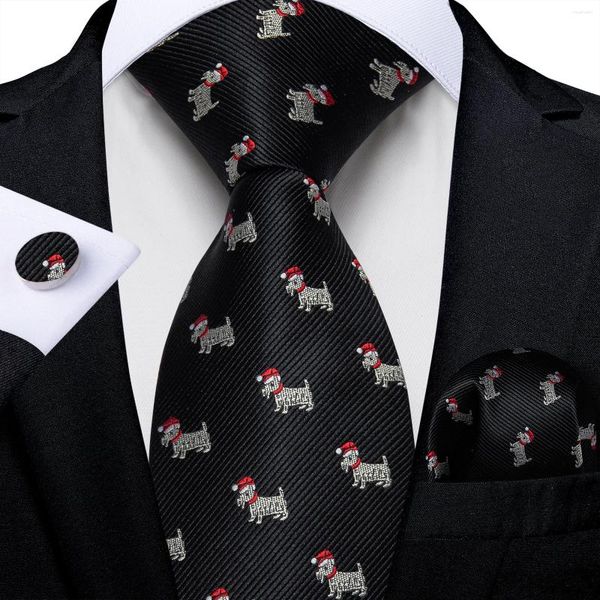 Базу галстуки черное Рождество для мужчин Симпатичная собака с красной шляпой вышивкой шелк
