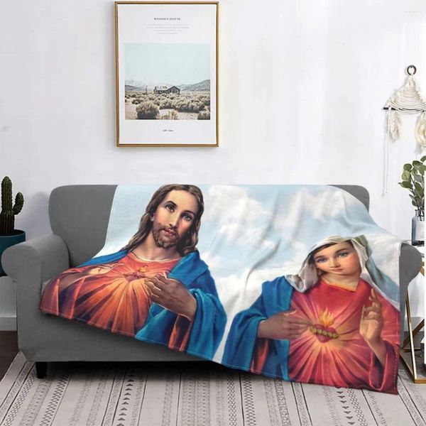 Decken heilige und makellose Herzen mit Himmel Hintergrund Jesus Christus Nativet Flanell Flanell für Bett Plüsch dünner Quilt