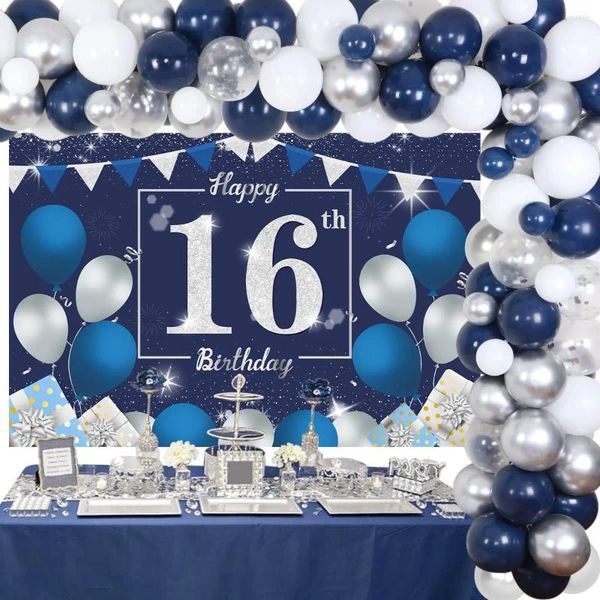 Partydekoration süß 16. 18. 21. Geburtstag Marine Blue Silver Ballon Girland Kit Happy Backpalance Supplies für Jungen Mädchen